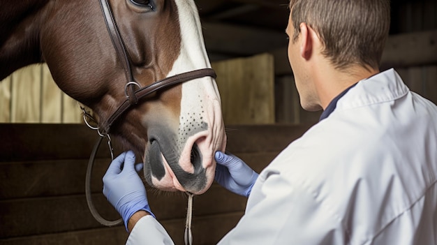 Il veterinario esamina il cavallo sullo sfondo della stalla Creato con la tecnologia dell'IA generativa