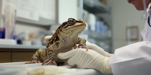 Il veterinario esamina il rospo nella clinica veterinaria