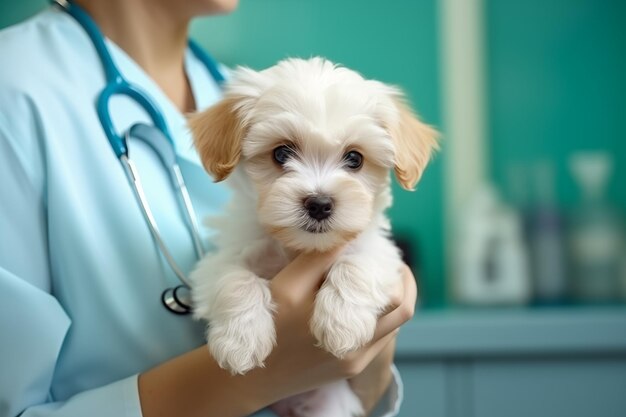 Il veterinario esamina un cucciolo carino, controlla il corpo con un veterinario, il cucciolo al veterinario.