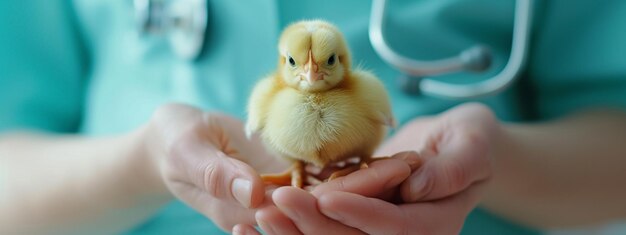 il veterinario tiene in mano un piccolo pollo