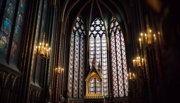 Il vetro colorato illumina il maestoso interno della basilica gotica generato dall'intelligenza artificiale