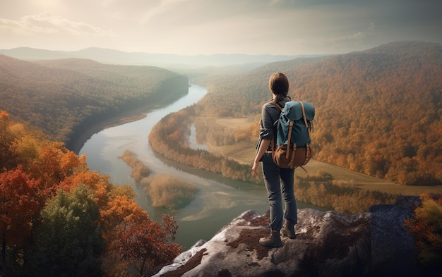 Il viaggiatore con uno zaino si trova sul bordo della scogliera e guarda il fiume IA generativa