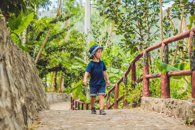 Il viaggiatore del ragazzo cammina nel parco in Asia