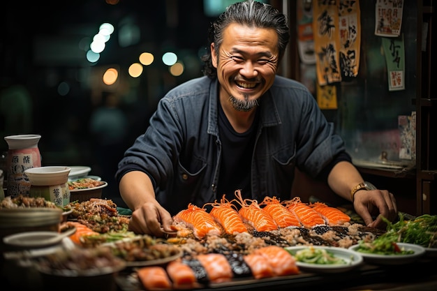 Il viaggiatore esplora il colorato mercato del sushi nell'IA generativa di Tokyo