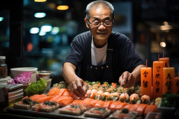 Il viaggiatore esplora il colorato mercato del sushi nell'IA generativa di Tokyo