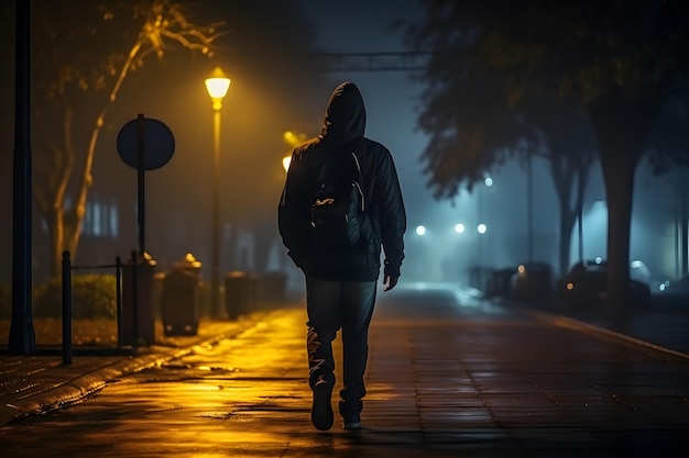 Il viaggiatore urbano notturno Arafed Man Walking Down Street con Backpa