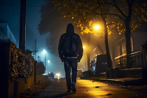 Il viaggiatore urbano notturno Arafed Man Walking Down Street con Backpa