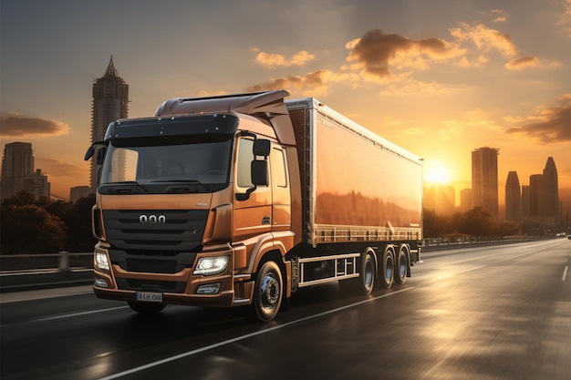 Il viaggio del carico all'alba Il camion di consegna reso in 3D nella vista posteriore del paesaggio urbano ritrae una logistica efficiente