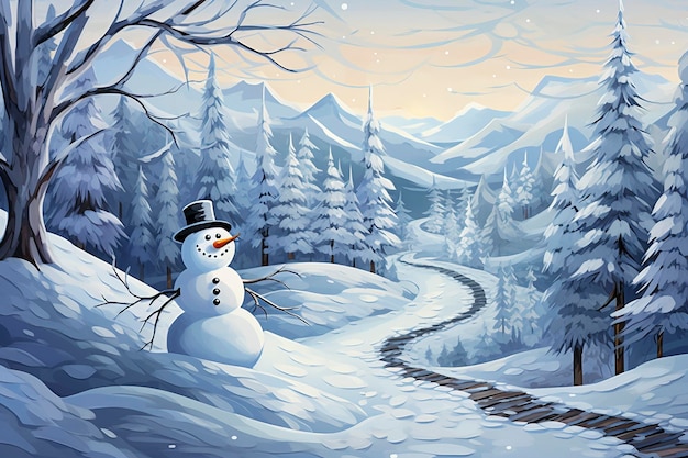 Il viaggio di un pupazzo di neve attraverso uno sfondo luminoso di paesaggio invernale