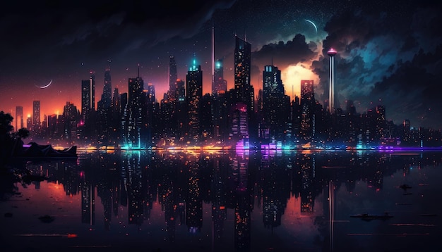 Il vibrante skyline della città illumina lo sfondo del desktop del cielo notturno IA generativa