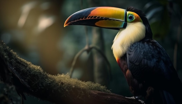 Il vibrante tucano si appollaia sul ramo della foresta verde generato dall'intelligenza artificiale