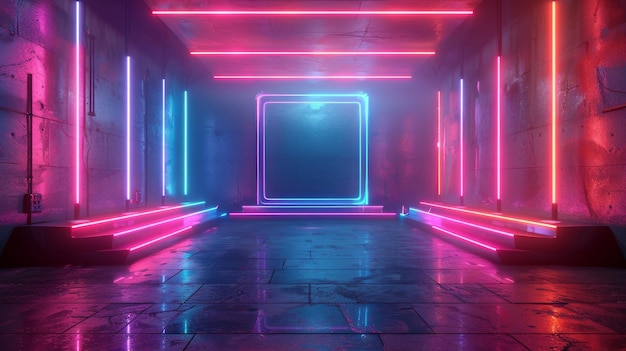 Il videogioco ha uno sfondo sci-fi gaming cyberpunk VR simulazione di realtà virtuale e metaverse scena stand piedistallo palcoscenico illustrazione 3D rendering futuristica stanza luminosa al neon