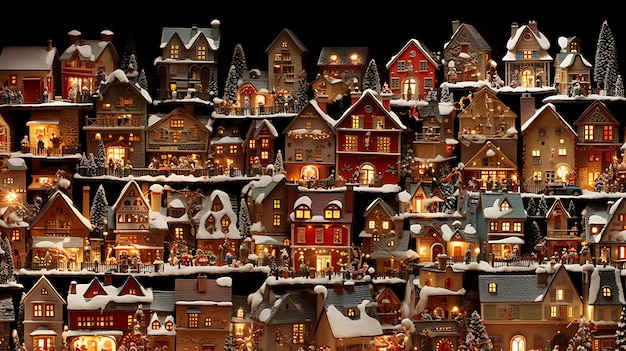Il villaggio magico di Natale di mezzanotte con case e collezione di fiocchi di neve
