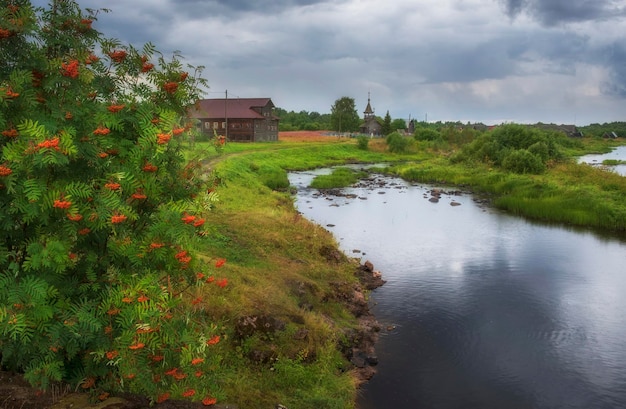 Il villaggio storico di Pyalma nella Repubblica di Carelia sulla riva del fiume durante la pioggia serale d'estate