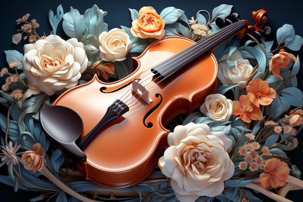 Il violino circondato da fiori e foglie