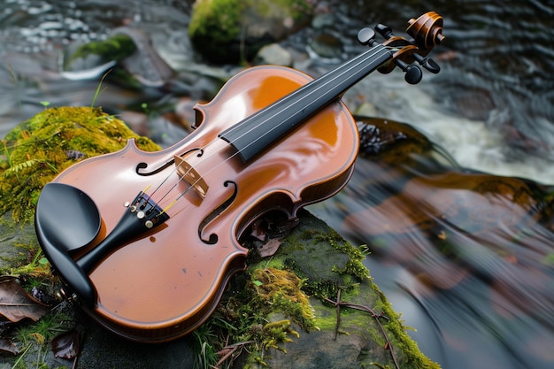 Il violino poggiato su una roccia muschiosa accanto a un ruscello