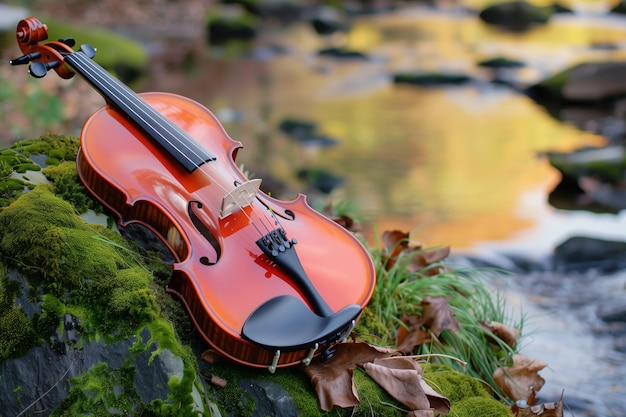 Il violino poggiato su una roccia muschiosa accanto a un ruscello