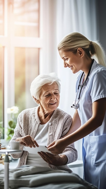 Il visitatore della salute abbraccia e sostiene una giovane donna anziana con uno stetoscopio sorride a casa