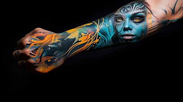 Il viso dell'uomo, la donna, il tatuaggio colorato, l'immagine della mano, l'arte generata dall'AI.