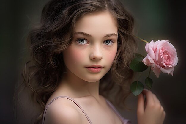 Il viso della ragazza era adornato da un fiore rosa. Il fiore si annidò graziosamente nei suoi capelli. I suoi petali incorniciavano i suoi tratti con un tocco di eleganza naturale.