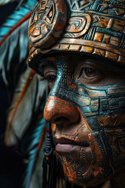 Il viso di un guerriero azteco su uno sfondo nero