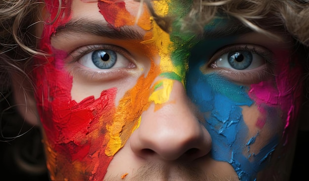 Il viso di un uomo è colorato con la bandiera LGBT nello stile di focus stacking