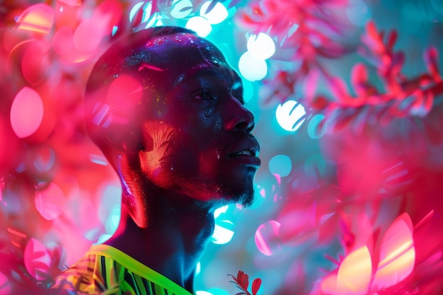 Il viso di un uomo è evidenziato in un'espressione contemplativa bagnata dai colori vivaci della luce al neon con un effetto bokeh sognante