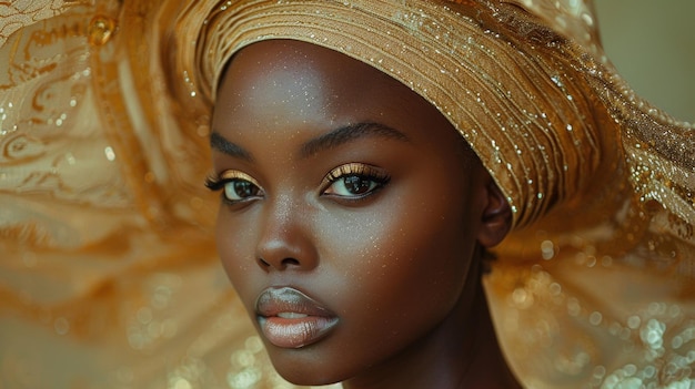 Il viso di una bella ragazza africana con un copricapo Ritratto di una donna afroamericana con un cappello