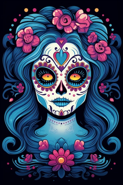 Il viso di una donna dipinto come un cranio di Catrina