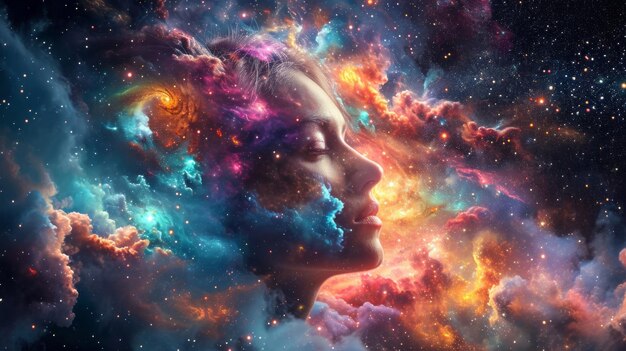 Il viso di una donna è circondato da nuvole e stelle colorate.