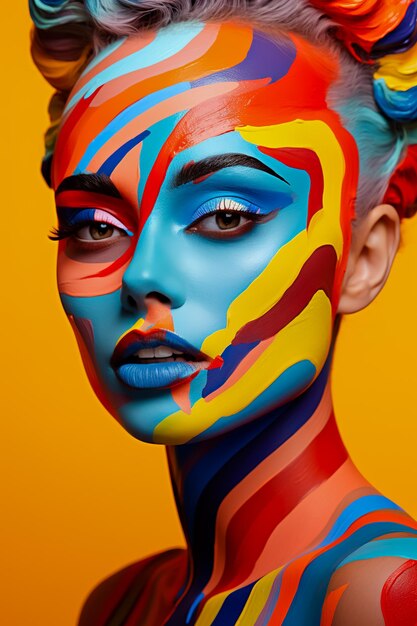 Il viso di una donna magra è dipinto con vernice multicolore