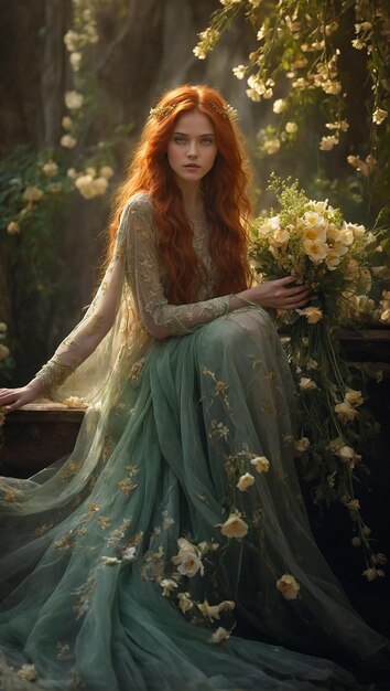 il viso di una principessa con una bellezza mozzafiato vestita con uno splendido vestito verde