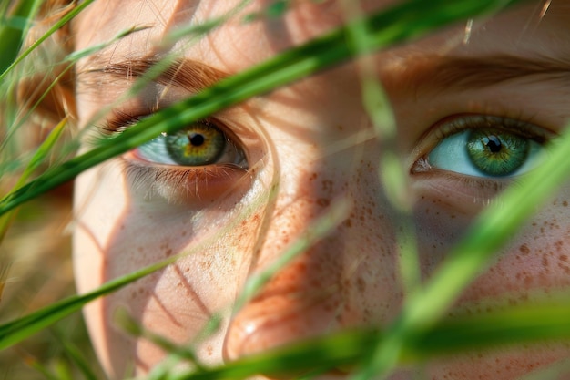 il viso di una ragazza nell'erba verde che simboleggia la bellezza della natura