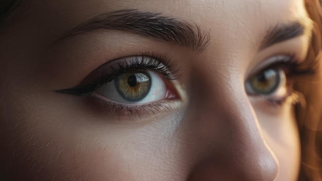 Il viso in primo piano di una bella giovane donna con bellissimi occhi blu