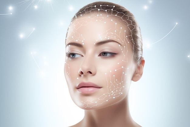 Il viso sereno di una donna con una rete di nanotecnologia sulla sua pelle che rappresenta il