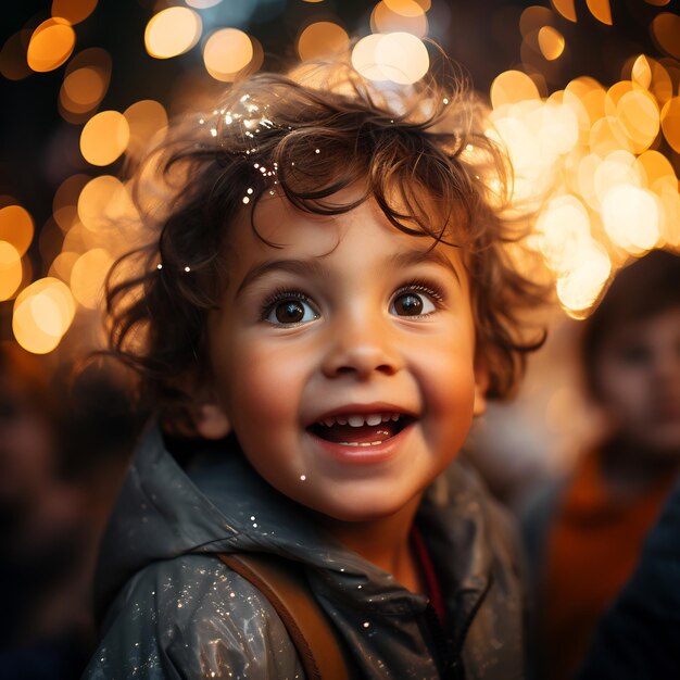 Il viso stupito di un bambino da vicino illuminato dal colorato bagliore dei fuochi d'artificio che raffigura la gioia innocente