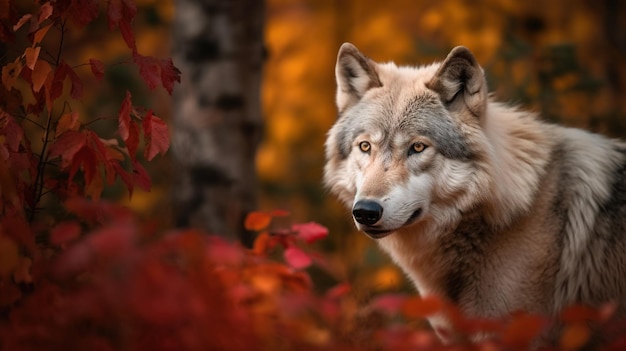 Il vivace lupo vaga per la colorata foresta autunnale Uno scorcio di maestosità stagionale