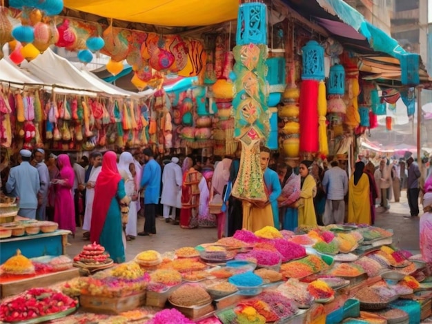 Il vivace mercato dell'Eid con affollate bancarelle adornate con decorazioni colorate