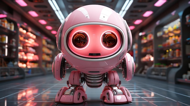 Il vivace viaggio del robot rosa Luci al neon occhio grande cuore vibrante Creato con l'IA generativa