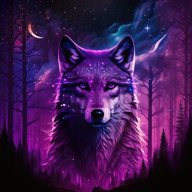Il volto di un lupo nella foresta al chiaro di luna
