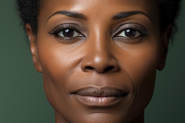Il volto di un ritratto da vicino di una giovane donna nera con la pelle pulita e occhi bellissimi.