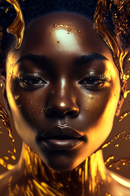 Il volto di una bella donna di colore con vernice dorata su di esso