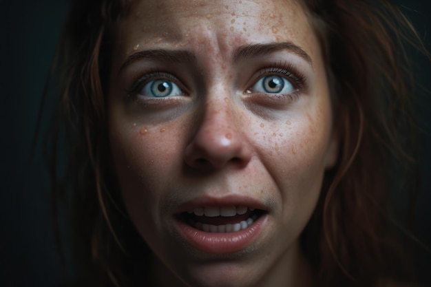 Il volto di una donna con gli occhi azzurri e una lentiggine verde sul viso.