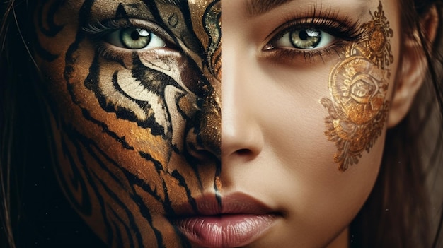 Il volto di una donna con sopra una tigre