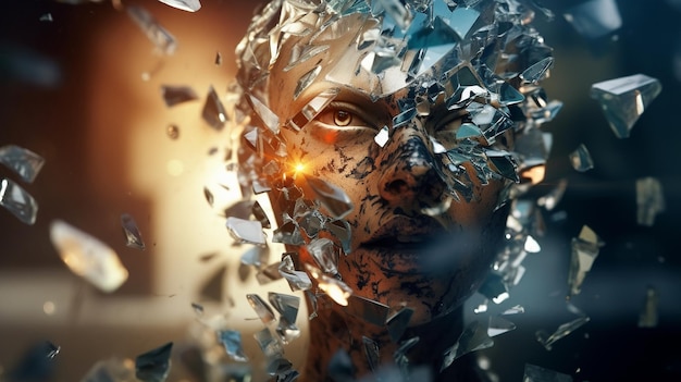 Il volto di una donna è circondato da vetri rotti e sullo schermo appare la parola vetro.