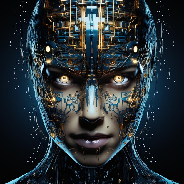 il volto di una donna in una tuta robotica futuristica