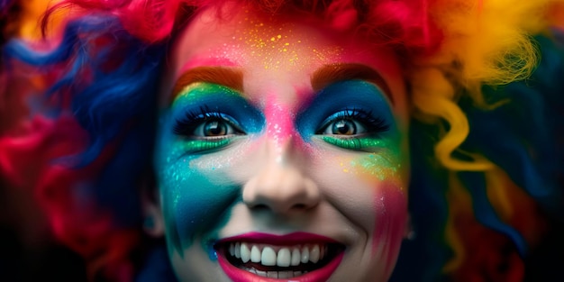 Il volto di una persona con un trucco colorato e una parrucca color arcobaleno che guarda direttamente la telecamera con fiducia e gioia IA generativa