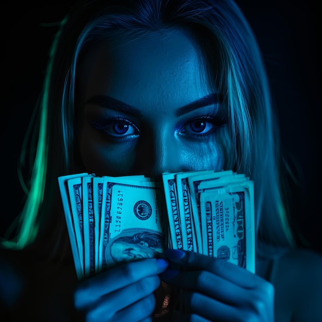 Il volto di una ragazza che tiene in mano dei dollari in contanti davanti al viso