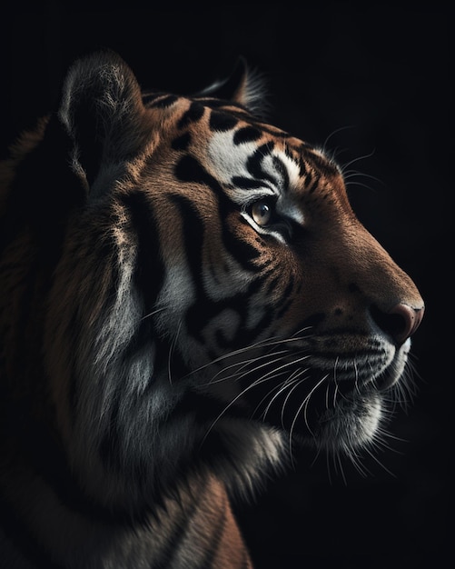 Il volto di una tigre è mostrato in questa immagine ravvicinata.