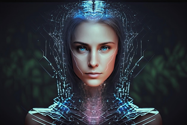 Il volto futuristico e tecnologico della donna cyborg è l'intelligenza artificiale Generative AI